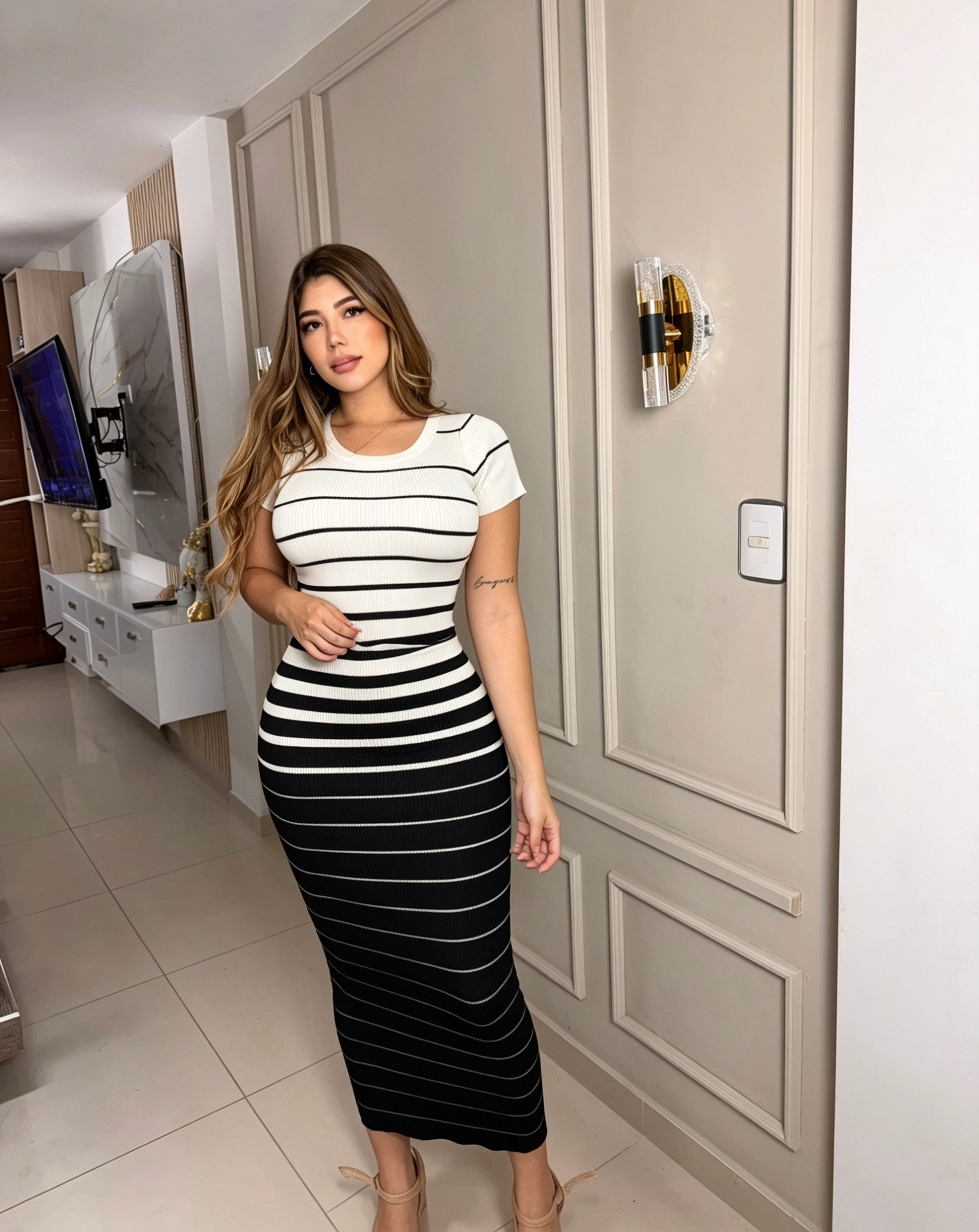 VESTIDO LARGO EN HILO MANGA CORTA BASICO