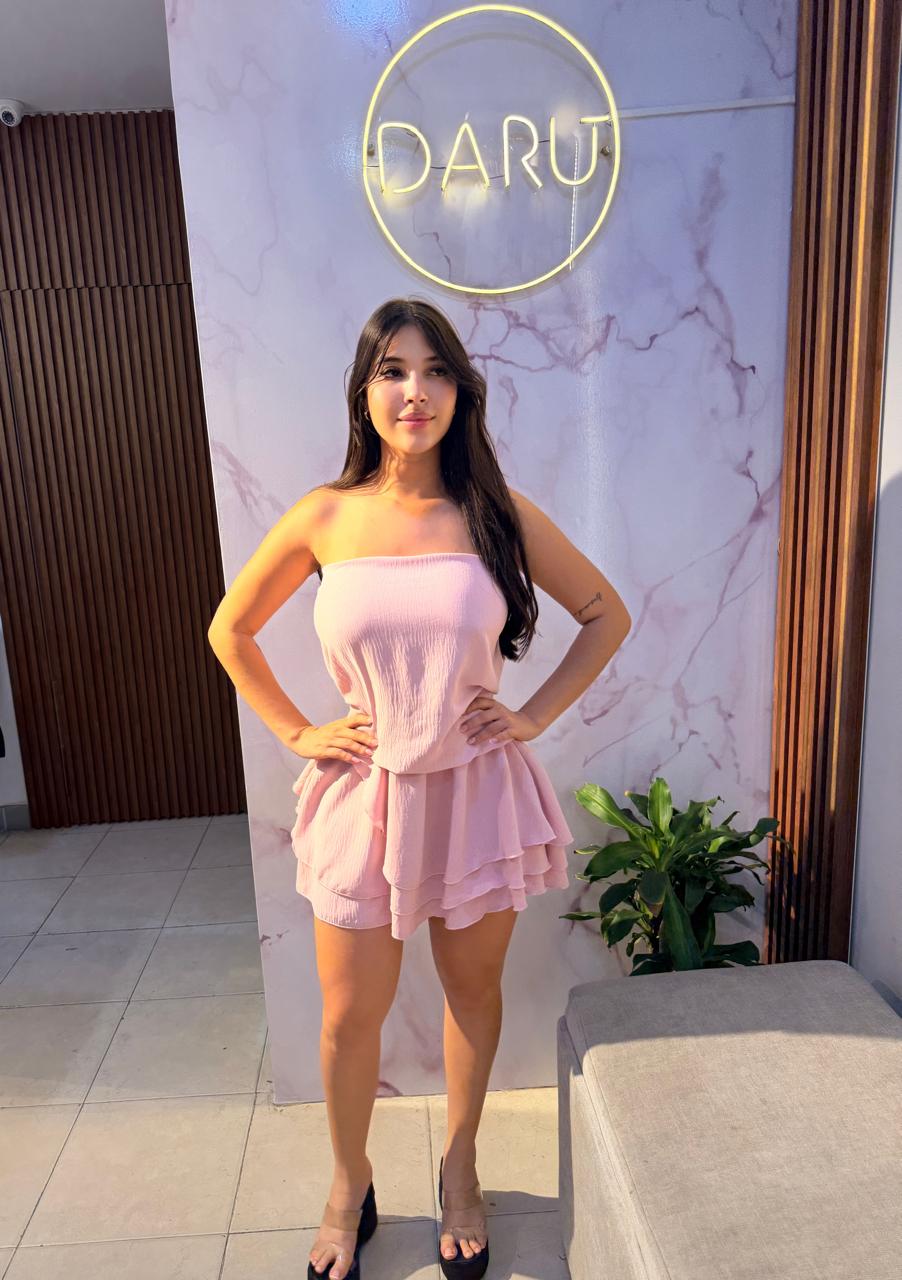 VESTIDO CORTO FARALADO CUELLO CAIDO