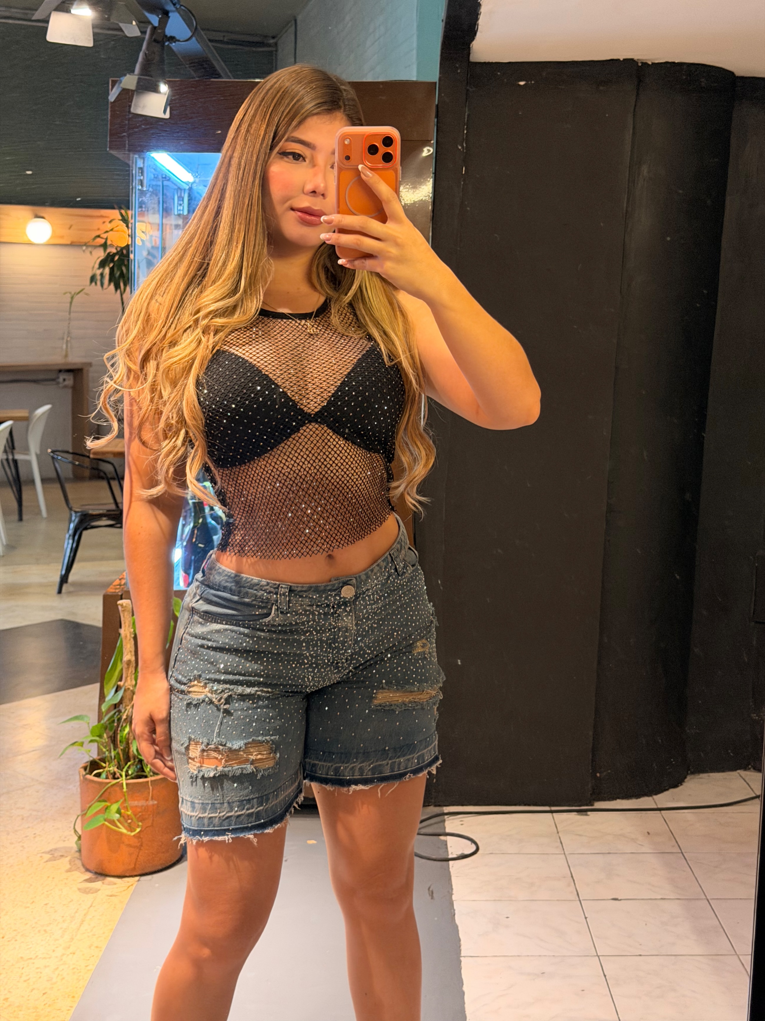 CROP TOP MALLA AL CUELLO BRILLOS